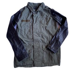 Topshop Jacket Sz 6 Army Parka Coat Faux Leather Sleeve Green Black Teens Womens